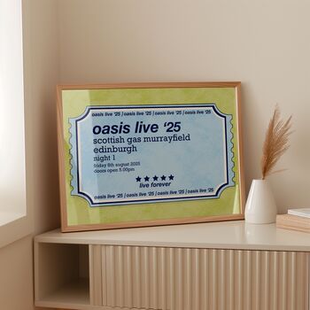 Oasis Live 25 Ticket Art Print / Oasis Customisable Date Wall Art / Wembley Cardiff Edinburgh Manchester Heaton Park, 2 of 5