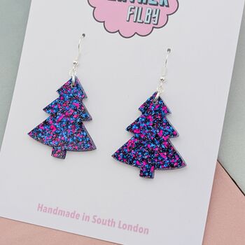 Large Purple Glitter Christmas Tree Earrings, 3 of 4