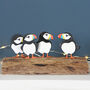 Four Puffins On Driftwood Block, thumbnail 1 of 3