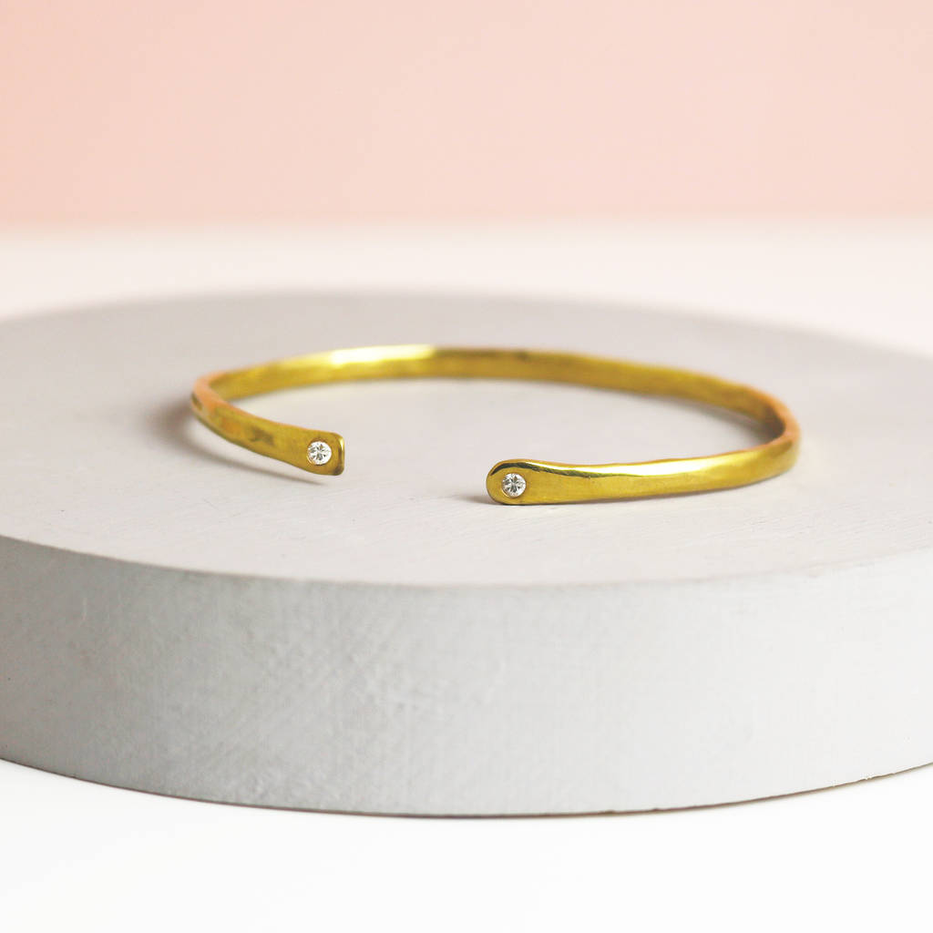 Gold Slender Torque Bangle With White Sapphires, 1 of 2