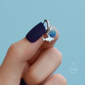 Sterling Silver Tiny Shark Fish Huggie Hoop Earrings, 9 of 10