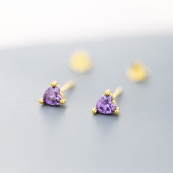Sterling Silver Tiny Amethyst Purple Cz Heart Stud Earrings, 6 of 12