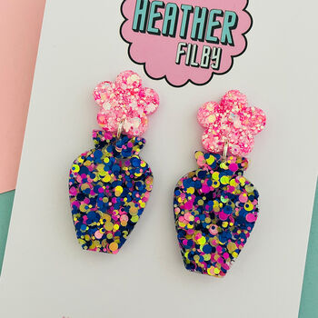Retro Flower Vase Glitter Earrings, 2 of 2