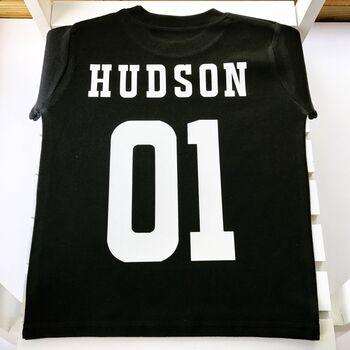 Personalised Football Style Kids Name And Number T Shirt, 5 of 7