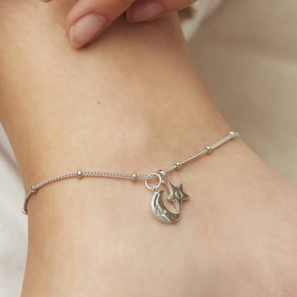 Initial Moon And Star Anklet In Silver Or Gold Vermeil, 1 of 6