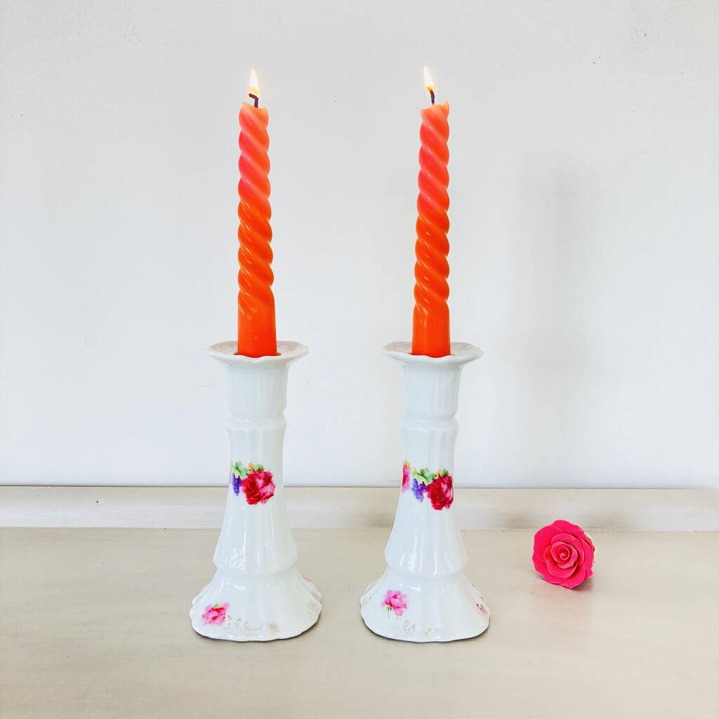 Pair Of Vintage Porcelain Floral Candlesticks ~ 30, 1 of 6