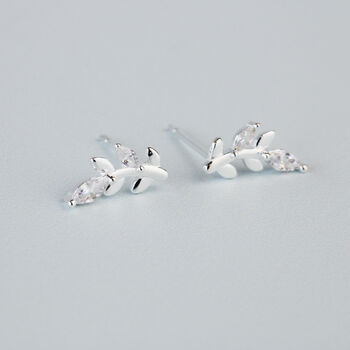 Sterling Silver Crystal Leaf Vine Stud Earrings, 3 of 5