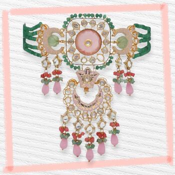 Pink And Green Kundan Necklace Set, 2 of 3