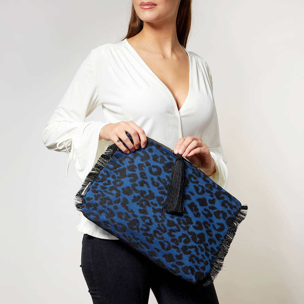 Leopard Tassel Boho Clutch Bag Navy Blue