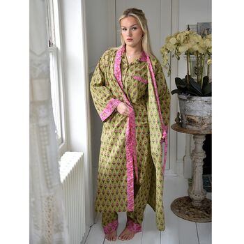 Block Printed Green And Pink Floral Cotton Dressing Gown, 4 of 5