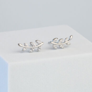 Sterling Silver Crystal Leaf Stud Earrings, 4 of 6