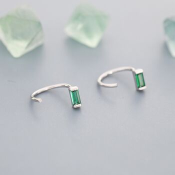 Sterling Silver Emerald Green Baguette Cut Cz Huggie Hoop Earrings, 4 of 10