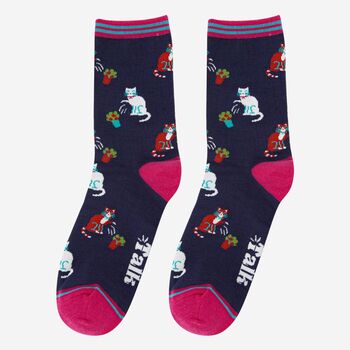 Women's Bamboo Socks Navy Cats And Flower Pots, 2 of 5