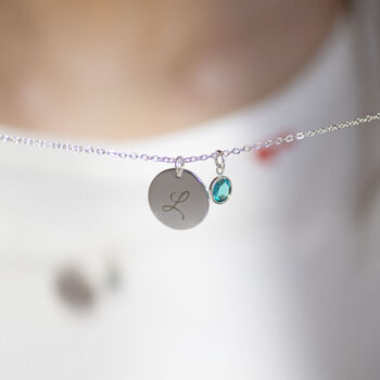 Silver Plated Script Initial Birthstone Disc Necklace, 5 of 9