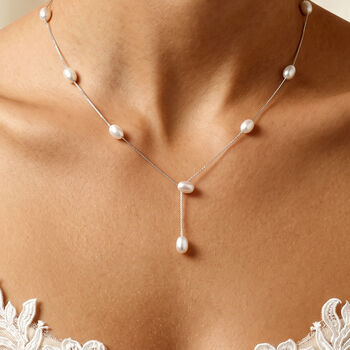 Bridal Lariat Drop Necklace With Pearls In Sterling Silver, 5 of 10