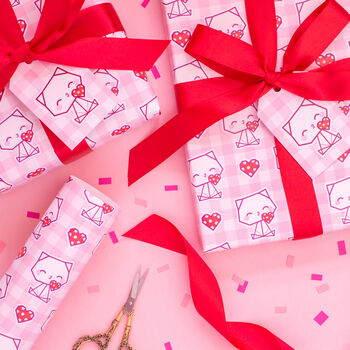 Valentine's Cat Love Heart Wrapping Paper With Tags, 6 of 7