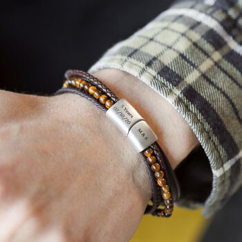 Men's Personalised Brown Leather Stainless Steel Tigers Eye Bracelet, 3 of 6