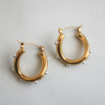 Non Tarnish Twisted Hoop Earrings With Inlaid Pearls, 4 of 10