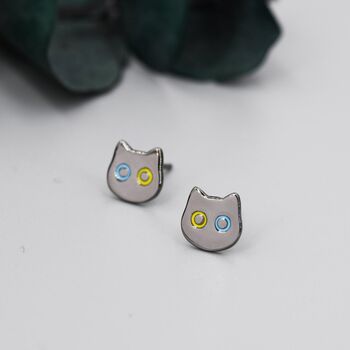 Black Odd Eyed Cat Stud Earrings In Sterling Silver, 7 of 12