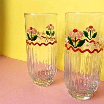 Hand Painted Pink Cosmos Ribbed Highball Glasses Pair, 4 of 4