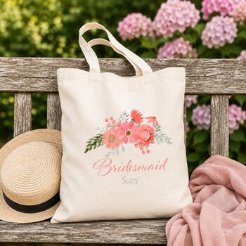 Personalised Coral Floral Bridesmaid Tote Bag Shopper, 2 of 6