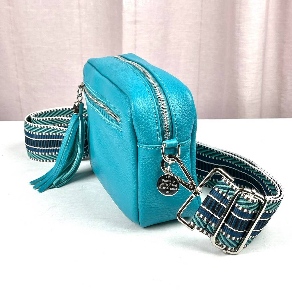 Turquoise Leather Cross Body Bag With Patterned Strap By Penelopetom