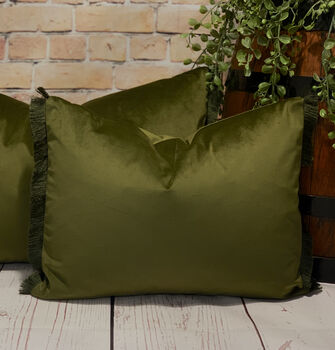 Velvet Olive Fringed Cushion, 2 of 9