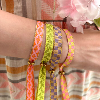 Set Of Four Festival Ribbon Bracelets, Checks / Leaves, 2 of 5