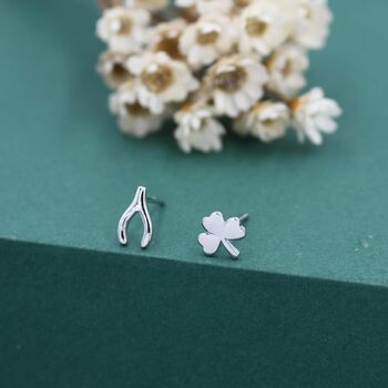 Mismatched Wishbone And Shamrock Leaf Stud Earrings In Sterling Silver, 7 of 12