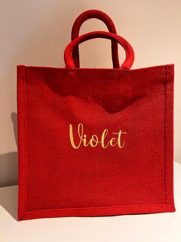 Red Jute Gift Bag With Embroidered Personalisation, 2 of 3