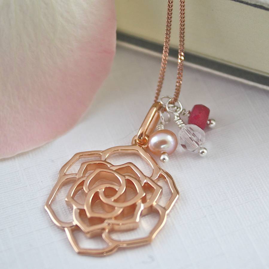 Rose Gold Rose Pendant With Real Birthstones By Claudette Worters
