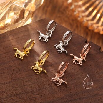 Sterling Silver Cute Horse Dangle Huggie Hoops, 4 of 10