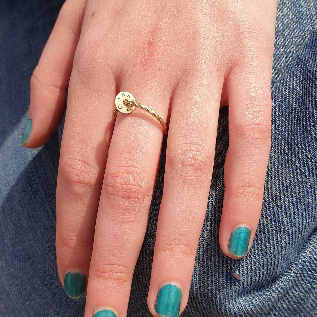 Personalised Skinny Solid Gold Charm Ring, 1 of 5