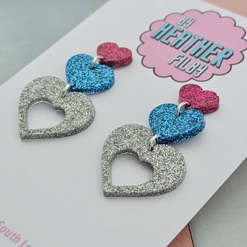 Glitter Triple Heart Resin Earrings, 3 of 8