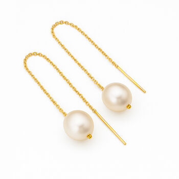 Gold Plated Sterling Silver Freshwater Pearl Threader Drop Earrings – 10mm, 5 of 5