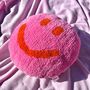 Handmade Tufted Hot Pink And Orange Smiley Face Cushion, thumbnail 1 of 4