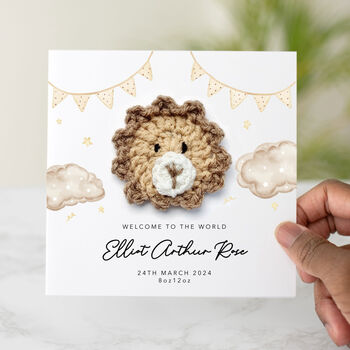 Personalised Crochet Lion New Baby Card, 2 of 4