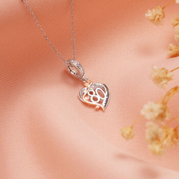80th Years Necklace Silver Heart And Rose Gold Flower Pendant, 3 of 5