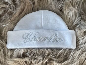 Personalised Embroidered White Newborn Baby Hat, 5 of 6