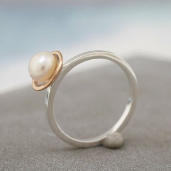Silver And 9ct Gold Pearl Ring. Dainty Stacking Ring, 2 of 10