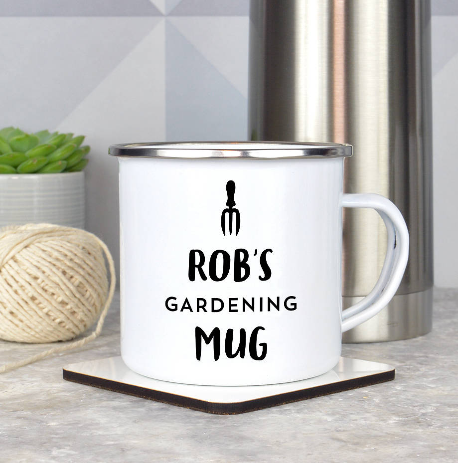 personalised enamel gardening mug for dad by pink and turquoise