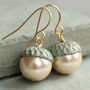 Verdigris Pearl Gold Acorn Earrings, thumbnail 1 of 10