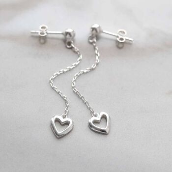 Sterling Silver Heart Drop Threader Earrings, 3 of 5