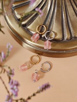Natural Rose Quartz Lily Twisted Huggie Hoop Earrings, 6 of 10