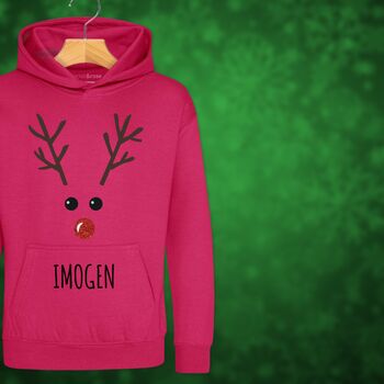 Rudolph The Reindeer Personalised Kids Hoodie Christmas Jumper, 3 of 11