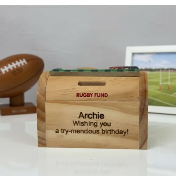 Personalised Children's Rugby Money Box, Piggy Bank, 9 of 12