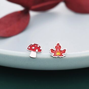 Mismatched Enamel Maple Leaf And Mushroom Stud Earrings In Sterling Silver, 5 of 11