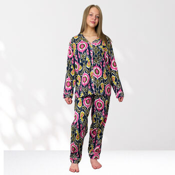 Ikat Print 100% Cotton Ladies Pyjamas In Navy And Pink, 8 of 8