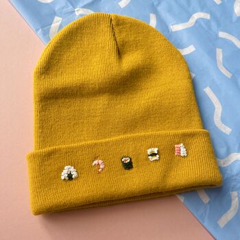 Unisex Hand Embroidered Mustard Beanie With Sushi, 5 of 6
