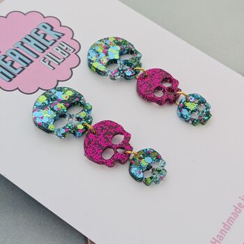 Triple Skull Glitter Earrings / Gothic Jewellery / Biker Style Jewellery / Gift For Goths, 2 of 4